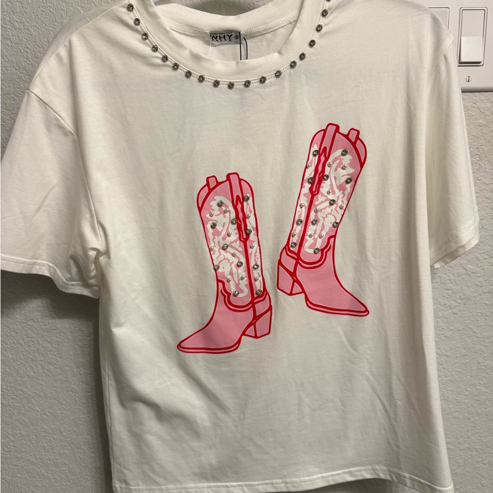 WHY White Short Sleeve Tee with Pink Boot Design